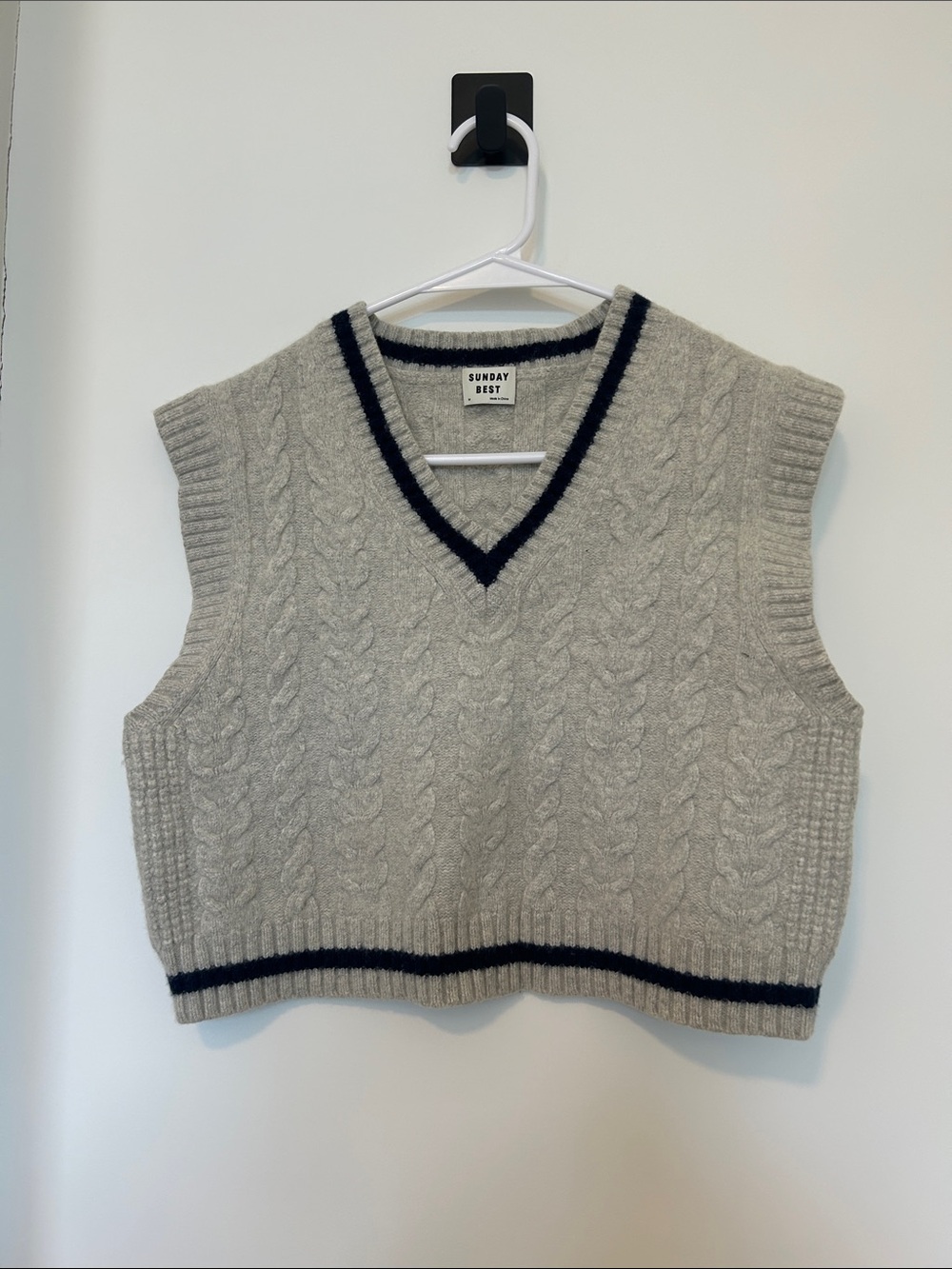 Sunday Best Grey Cable Knit V-Neck Sleeveless Sweater Vest with Navy Trim